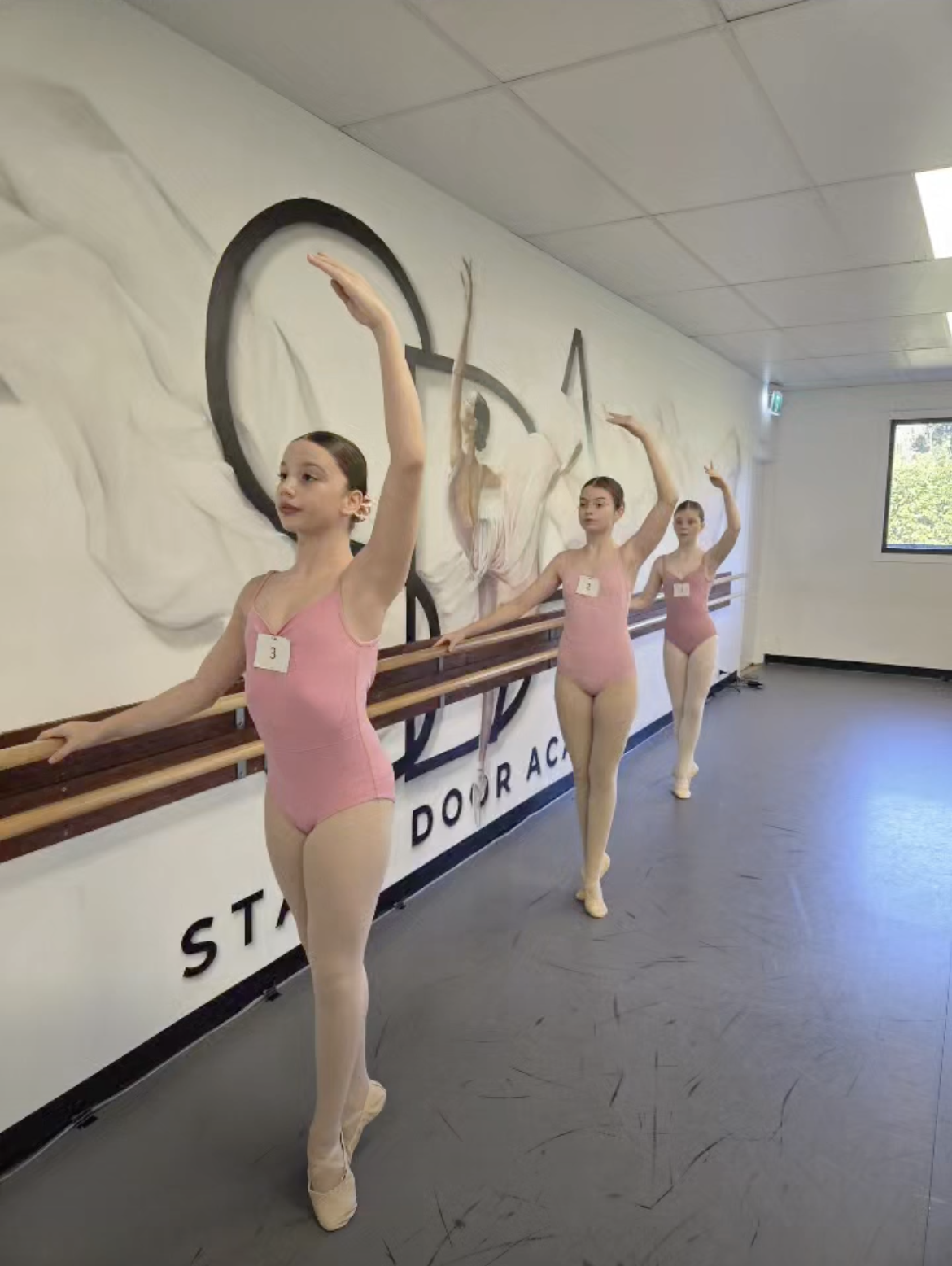 Stage Door Academy ballet students practising at the barre.