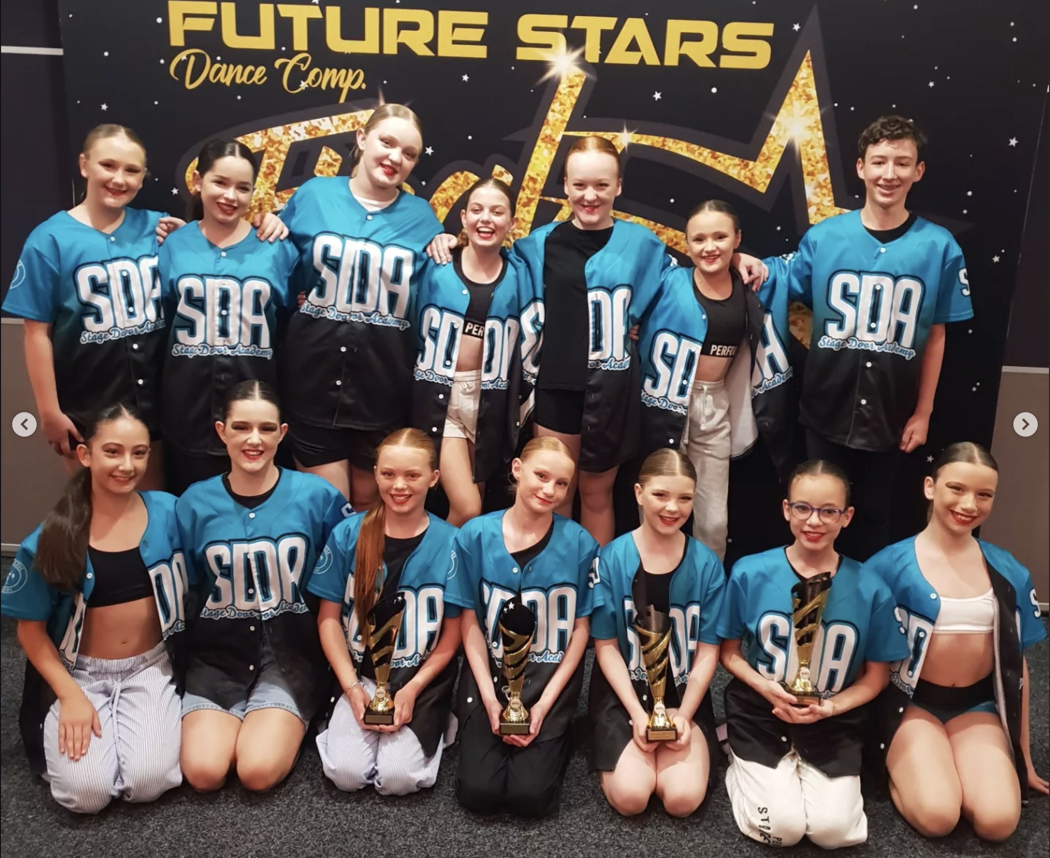 Stage Door Academy competition team with trophies at Future Stars Dance Comp.